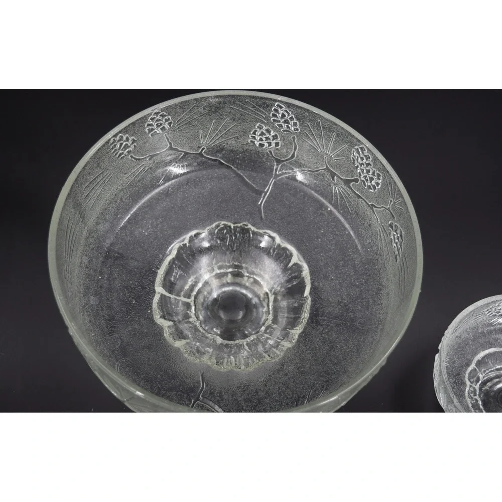 Vintage Pinecone Textured Glass Pedestal Bowl and 4 Serving Cups Set Clear Good